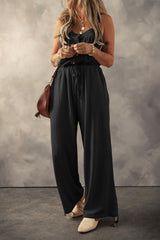 Waffle-Knit Drawstring Wide Strap Jumpsuit