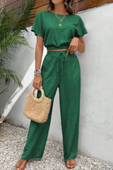 Round Neck Short Sleeve Top and Pants Set