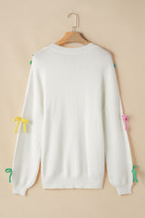 Contrast Bow Round Neck Dropped Shoulder Sweater