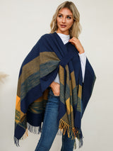 Fringe Contrast Plaid Poncho