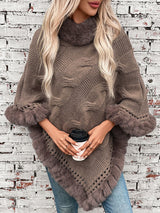 Fuzzy Hem Cable-Knit Poncho