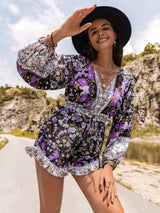 Printed Frill Half Button Balloon Sleeve Romper