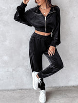 Zip Up Long Sleeve Cropped Top and Joggers Set