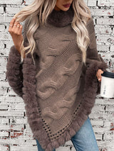 Fuzzy Hem Cable-Knit Poncho