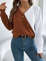 Two-Tone V-Neck Long Sleeve Sweater