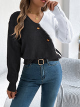 Two-Tone V-Neck Long Sleeve Sweater