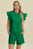 Double Take Full Size Texture Round Neck Ruffle Sleeve Top and Shorts Set