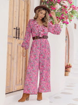 Printed Ruffled V-Neck Balloon Sleeve Jumpsuit