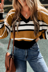 Contrast Stripes V Neck Long Sleeve Sweater