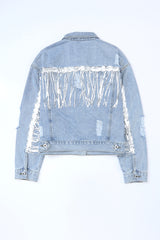 Sequin Fringe Trim Distressed Button Up Denim Jacket