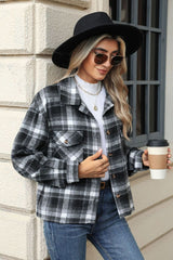 Pocketed Plaid Collared Neck Dropped Shoulder Jacket