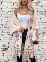 Fringe Geometric Open Front Long Sleeve Cape