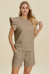 Double Take Full Size Texture Round Neck Ruffle Sleeve Top and Shorts Set